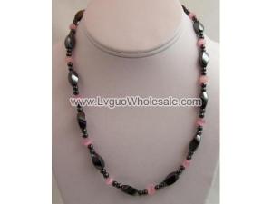 Pink Cat's Eye Opal Twist Hematite Beads Stone Necklace 18inch